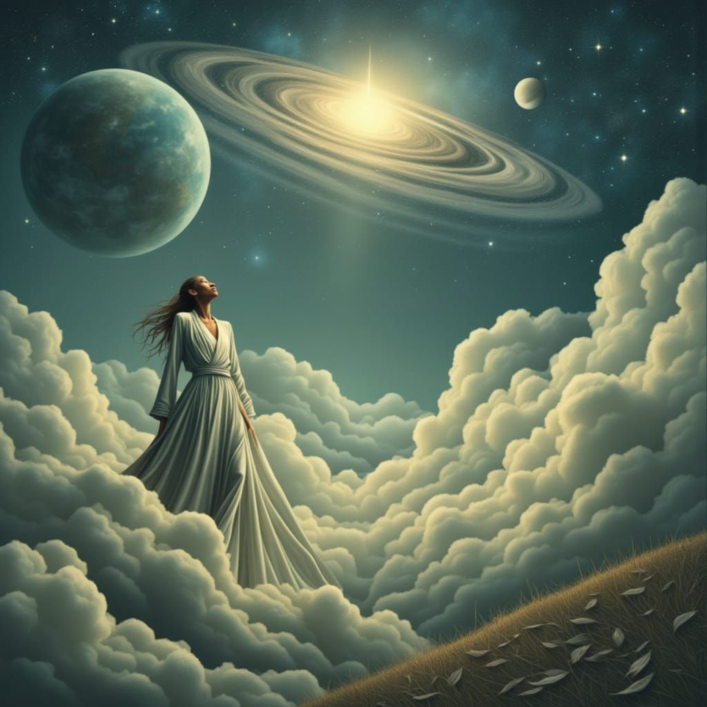 A Contemplative Soul in a Dreamy, Surreal Cosmic Landscape