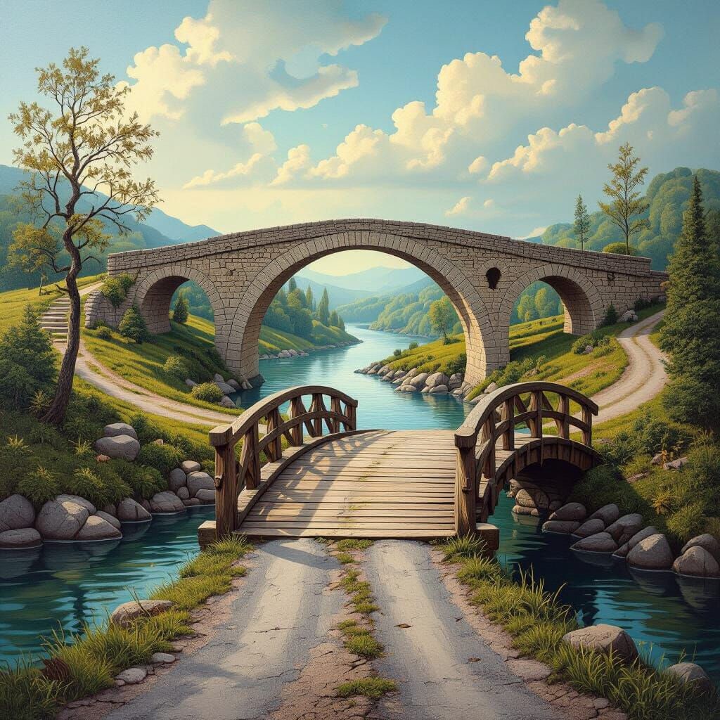 Surreal River Landscape with Two Bridges as Matte Oil Painti...