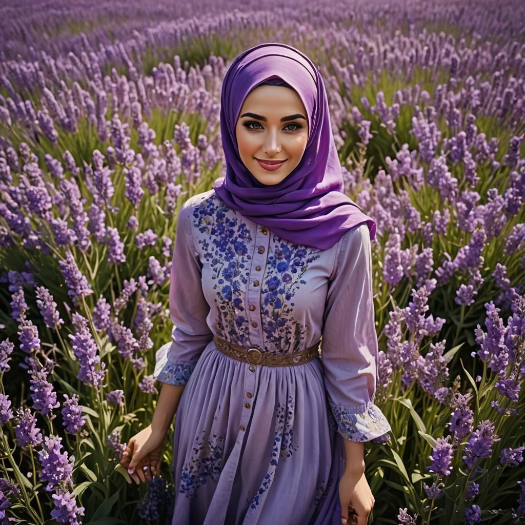 Beautiful Hijabi Woman in Lavender Field: Matte Painting