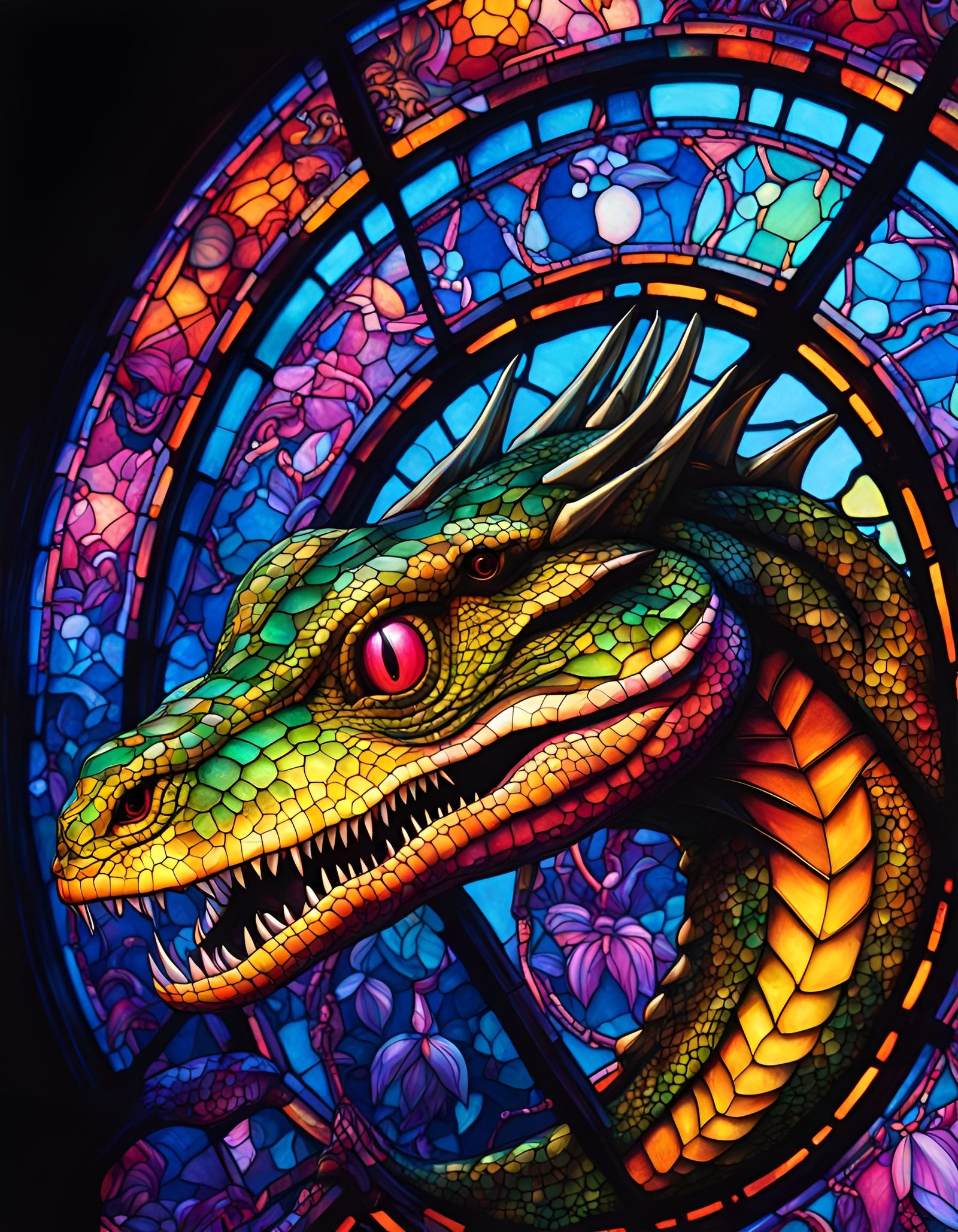 Luminous Glitchcore Reptiles in Stained Glass Style