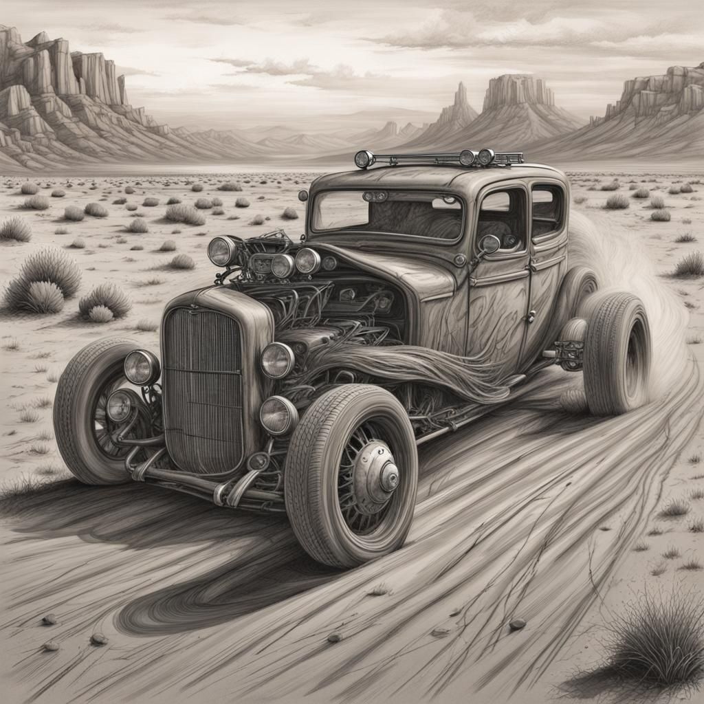 Post-Apocalyptic Hotrod in Desert: Hyperdetailed Charcoal Ar...