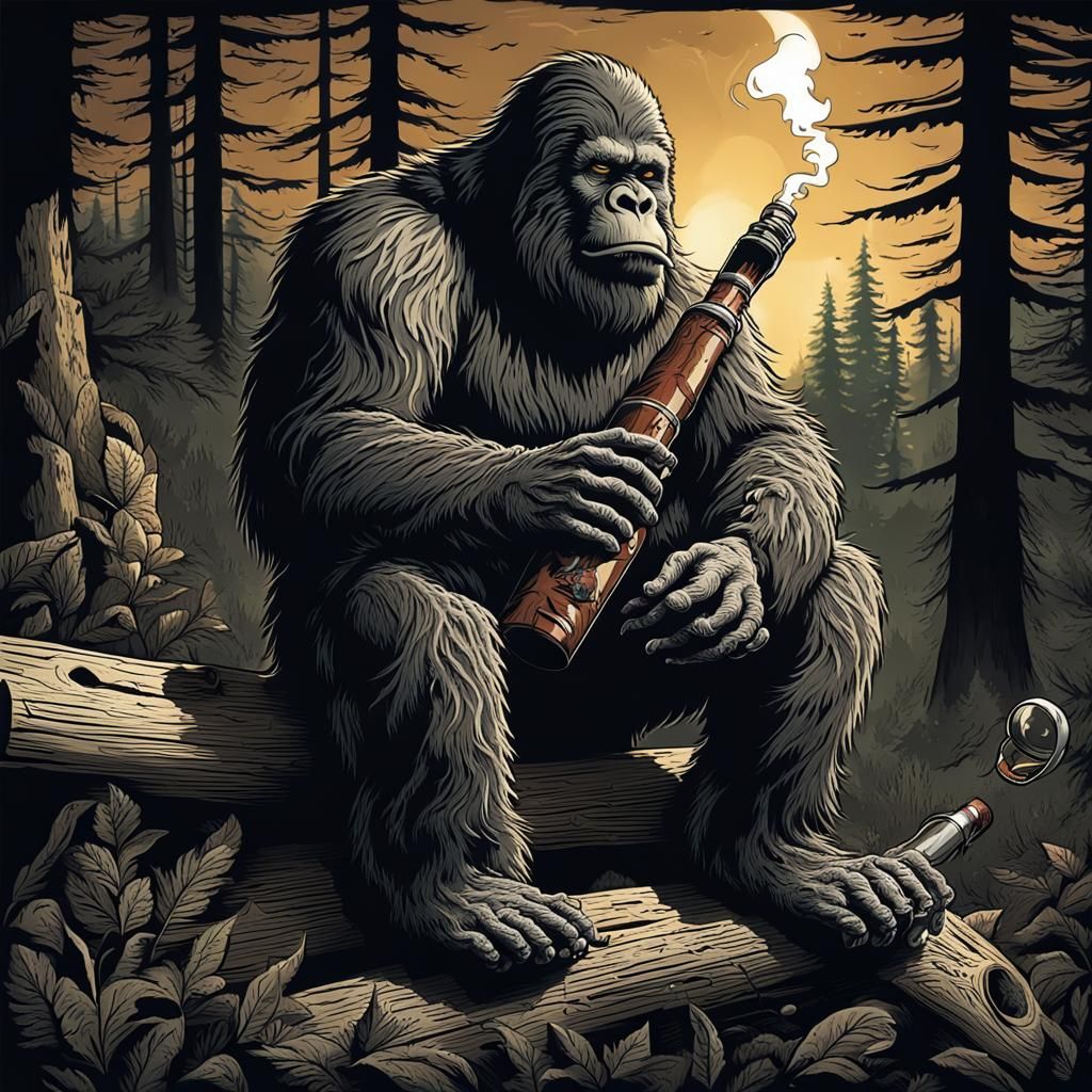 Bigfoot Lounging and Smoking: Dark Horror Scene