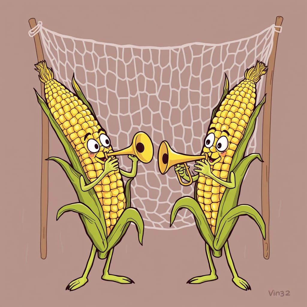 Cartoon Corn Stalks Playing Cornets with a Net