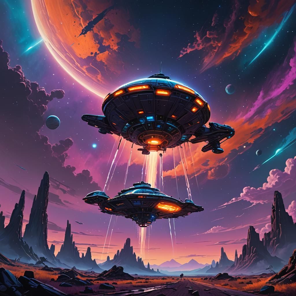 Alien Spaceship over Nebula, Sci-Fi Concept Art