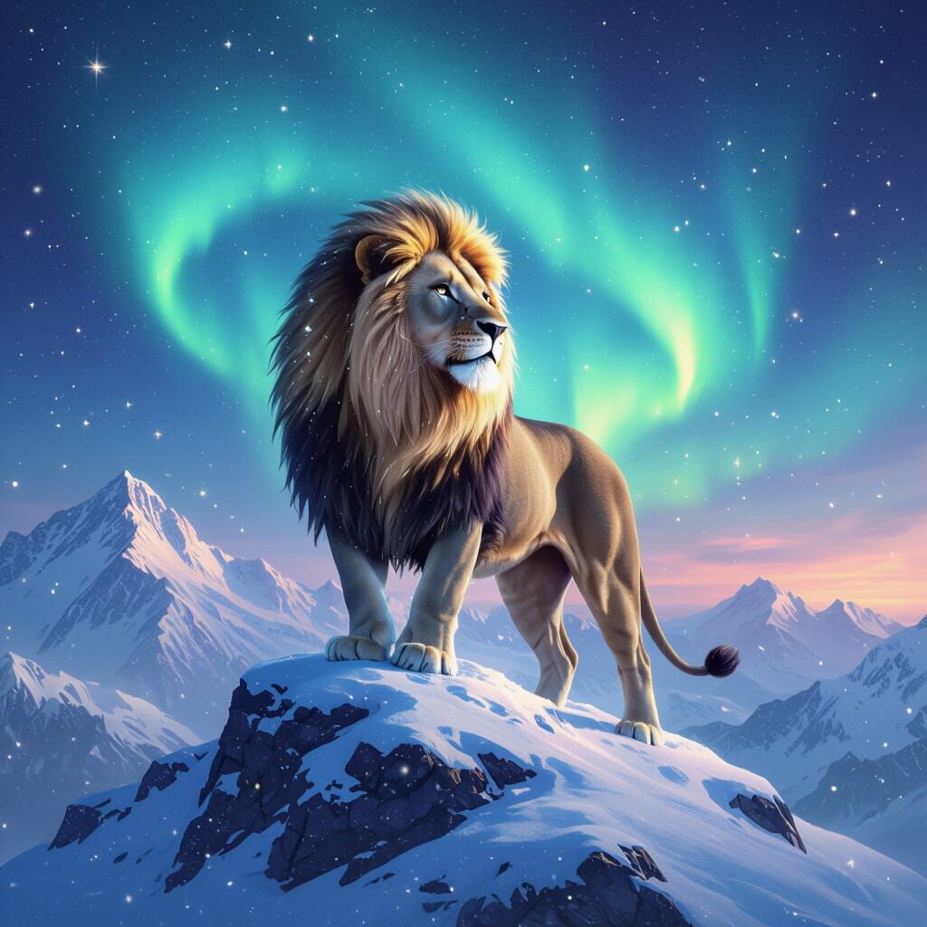 Starlight Lion on Mountain Peak with Aurora Borealis