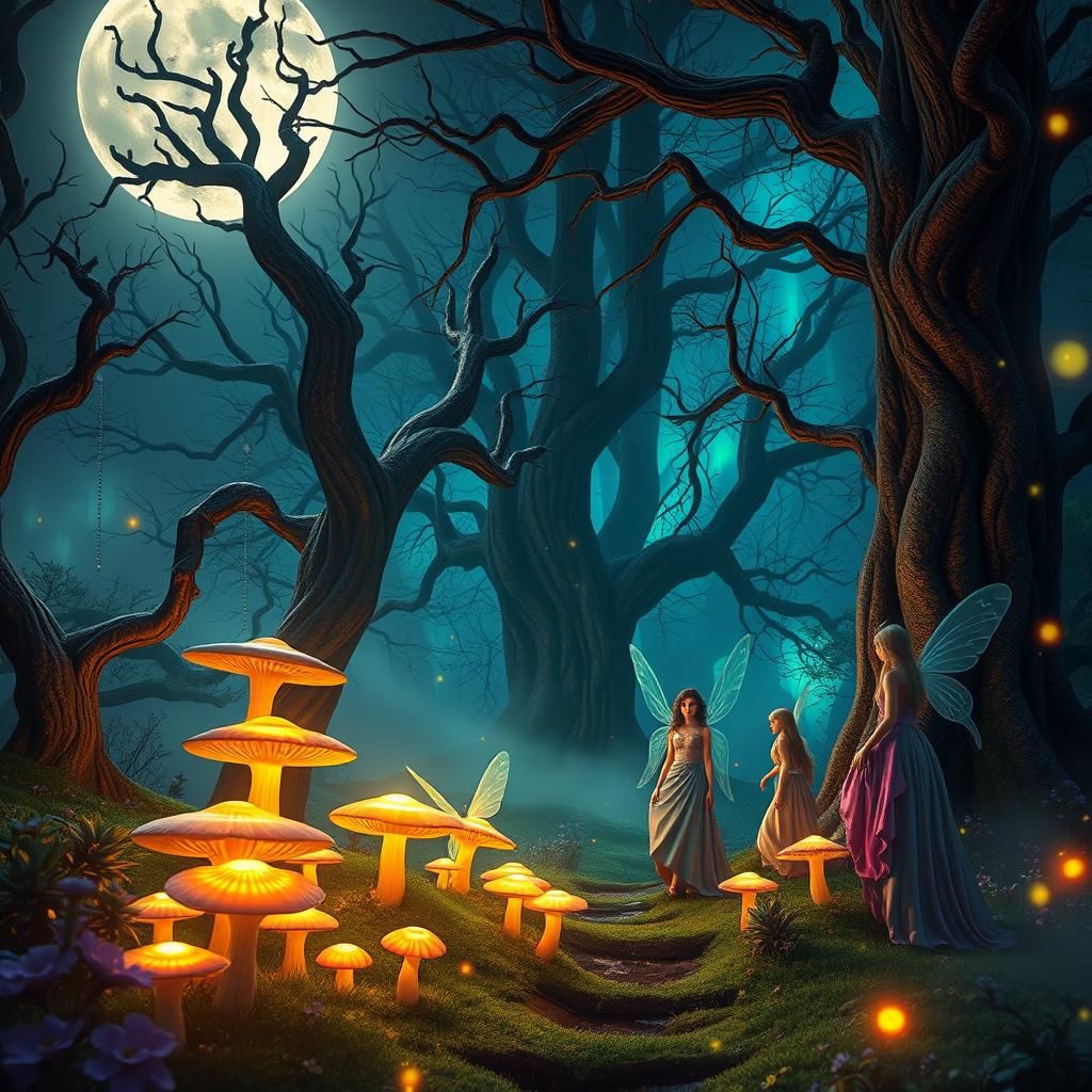 Mystical Fairy Gathering in Moonlit Forest