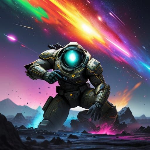 Army Figures Clash on Colliding Planets: Sci-Fi Illustration