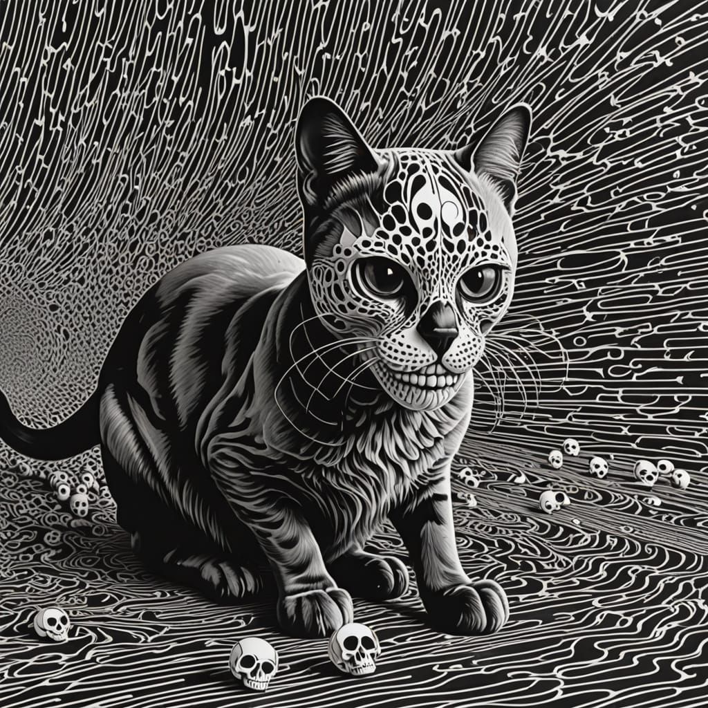 Black and White Op Art Scene of Feline Toys with Human Skull