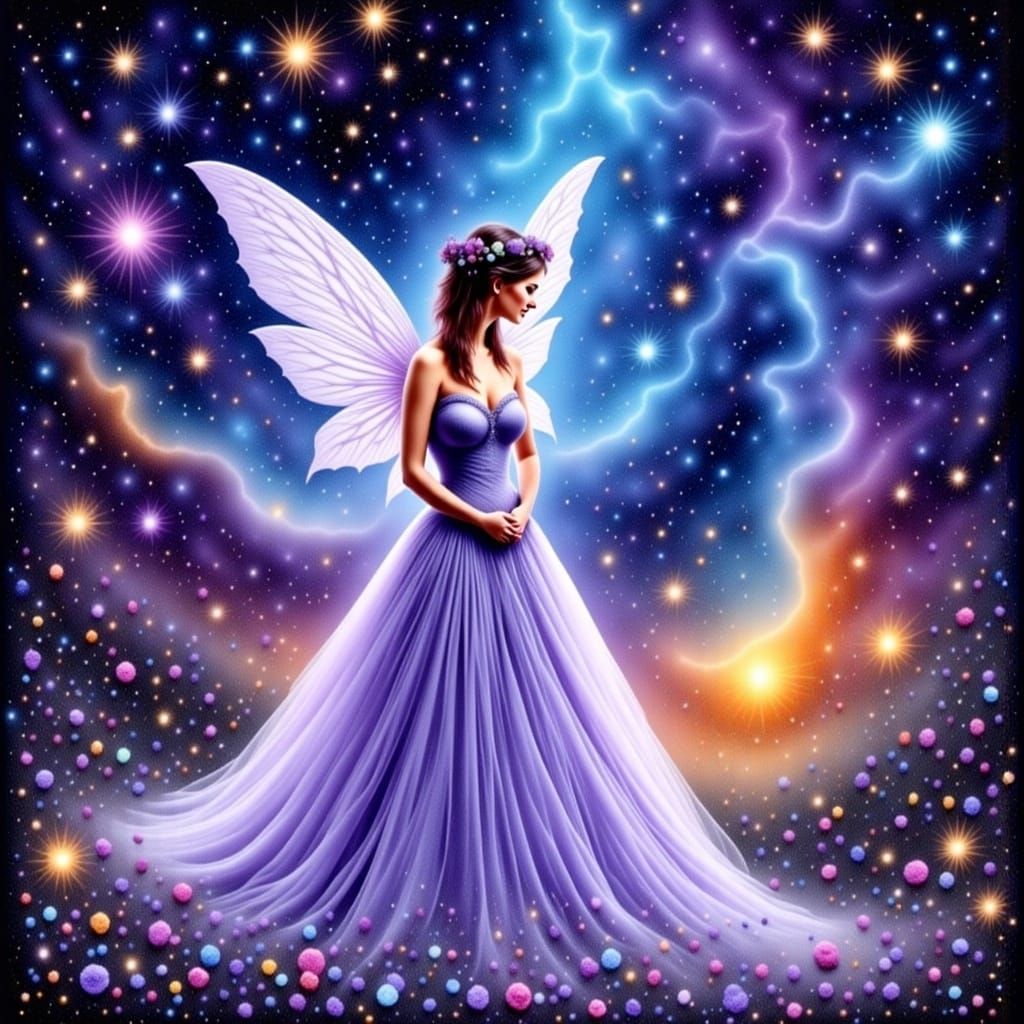 Lavender Fairy in Watercolor Cosmic Landscape