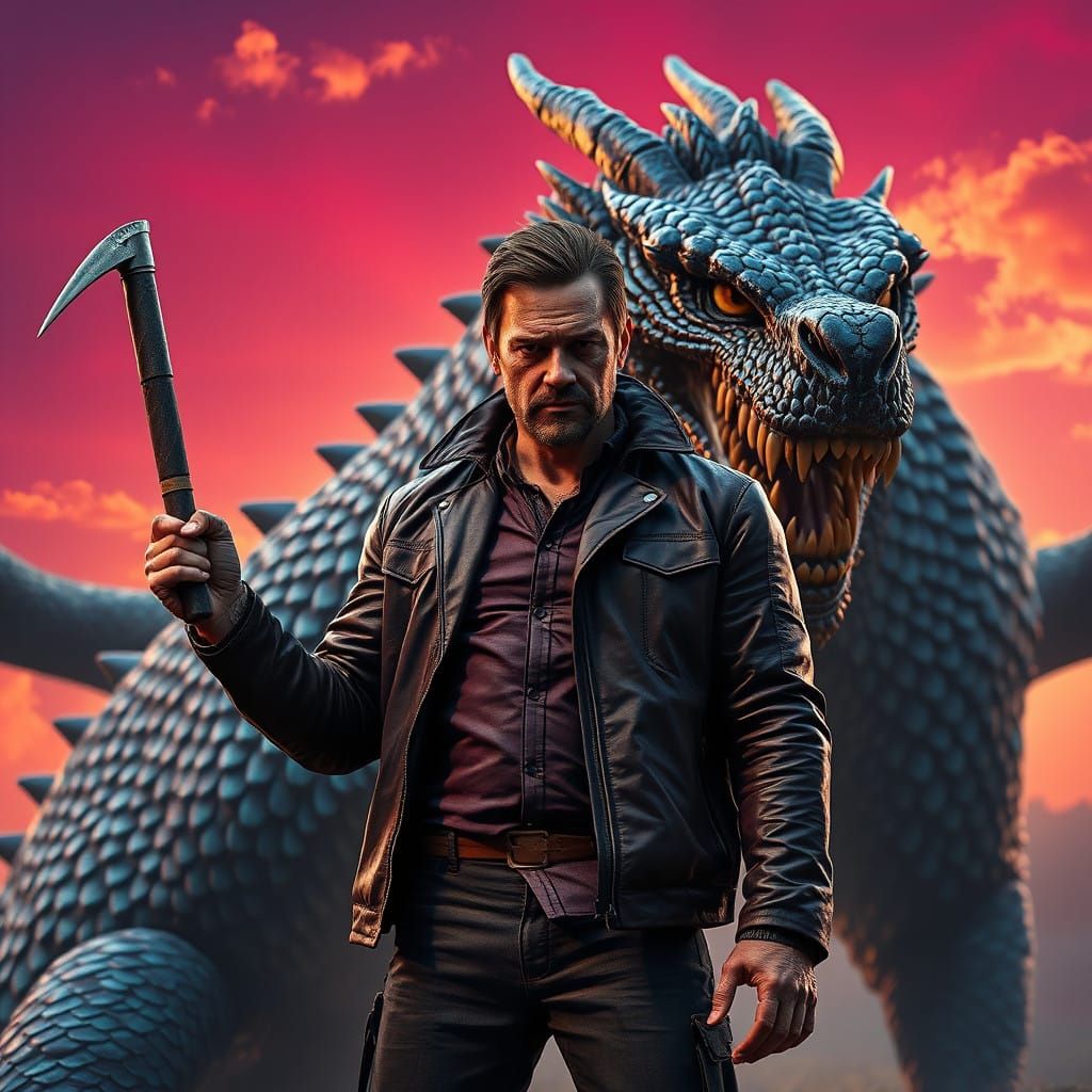 Heroic Negan Stands Against a Majestic Dragon in a Vibrant, ...