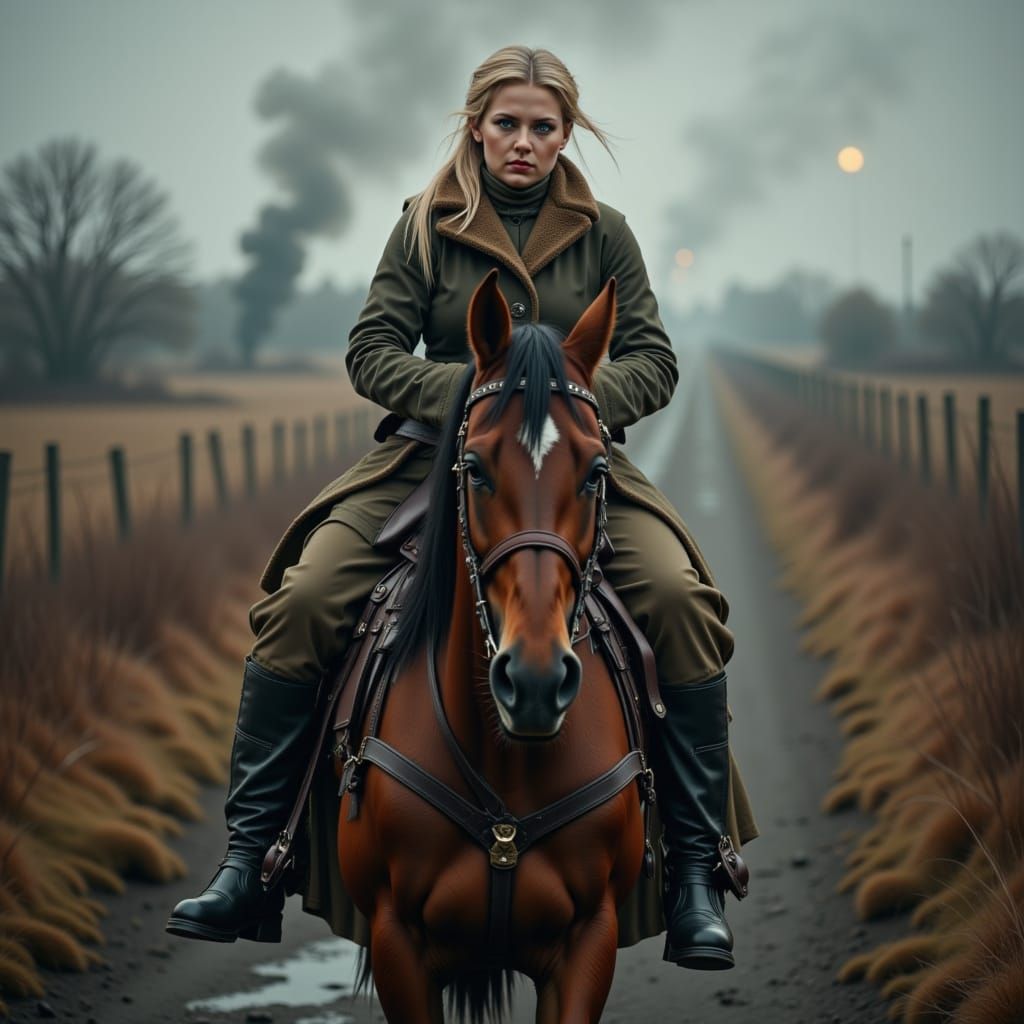 Heidi on Horseback in WWI Battlefield
