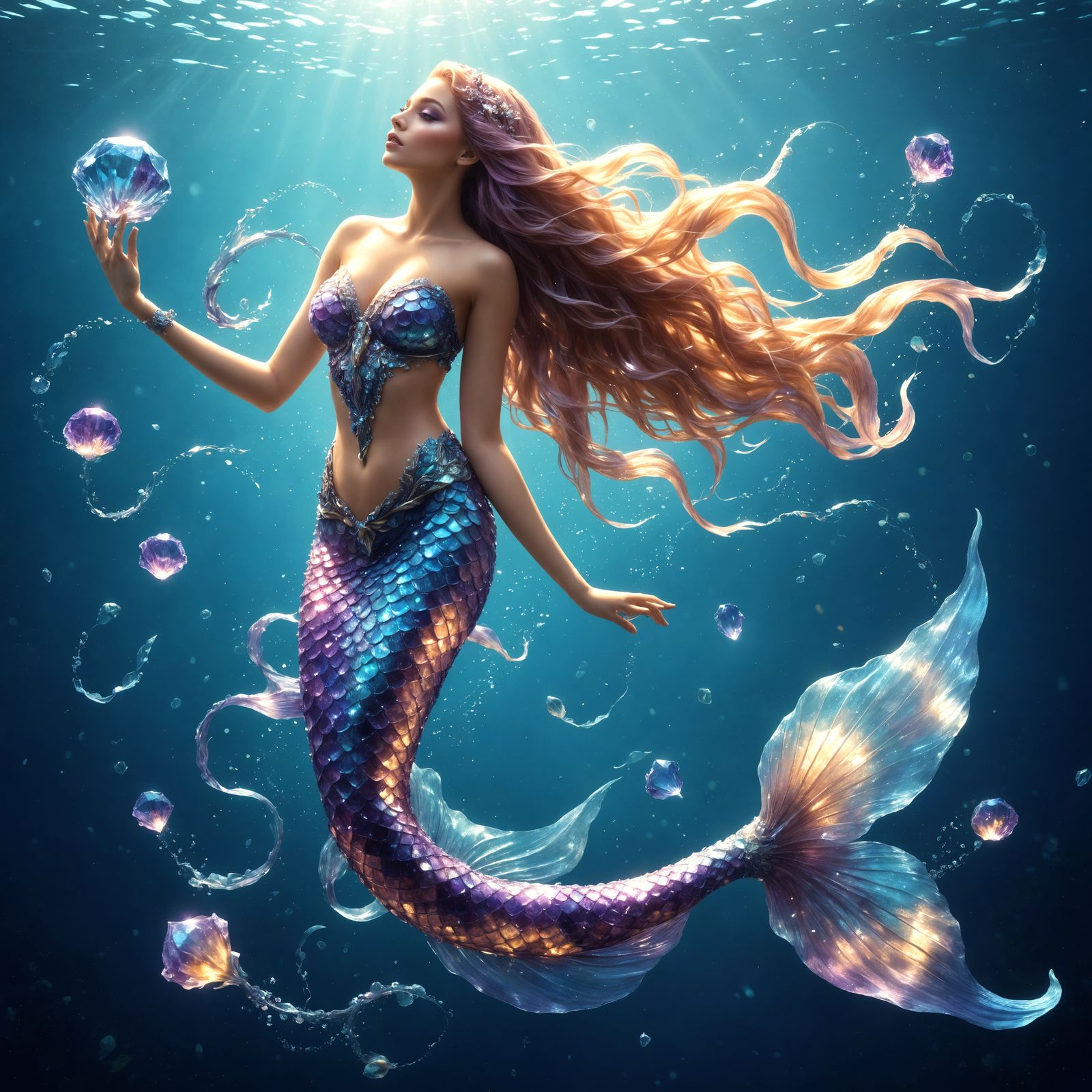 Enchanting Crystal Mermaid in Underwater Grotto