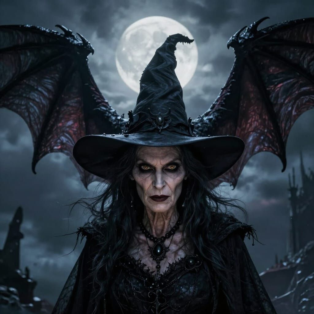 Wicked Old Witch and Gargoyles in Gothic Fantasy Style