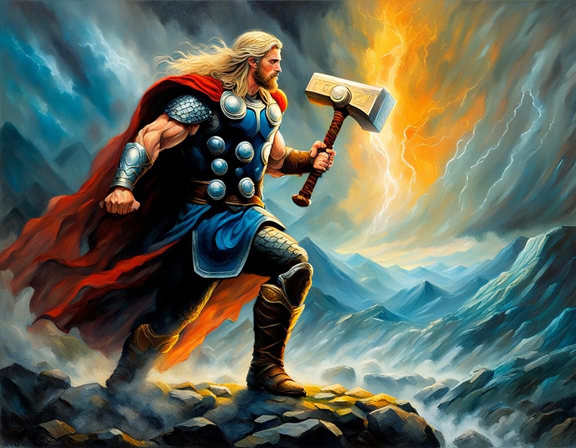Thor Hurls Mjolnir in Stormy Norse Landscape