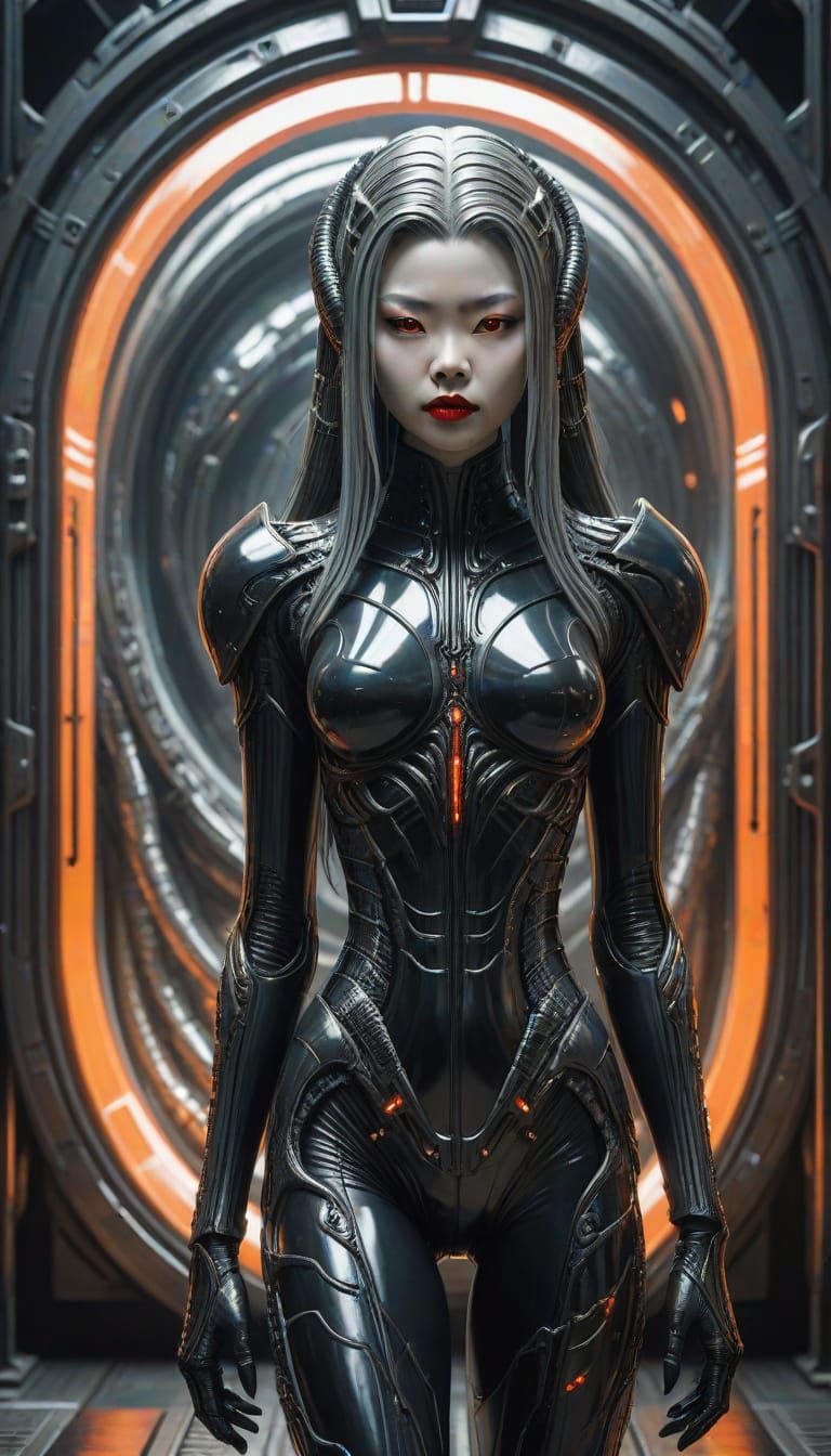 Futuristic Anime Goddess in Giger Style Space Portal