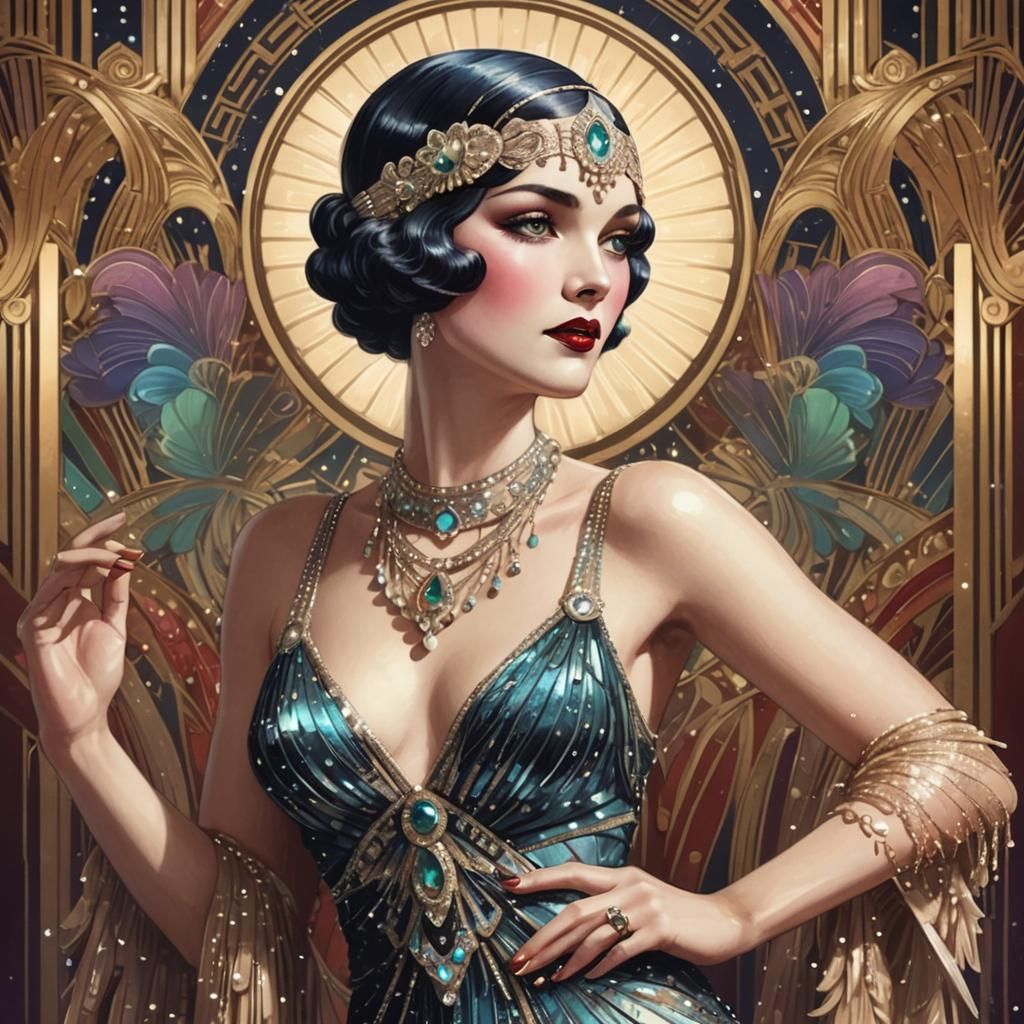Art Deco Burlesque Woman in Flapper Gown