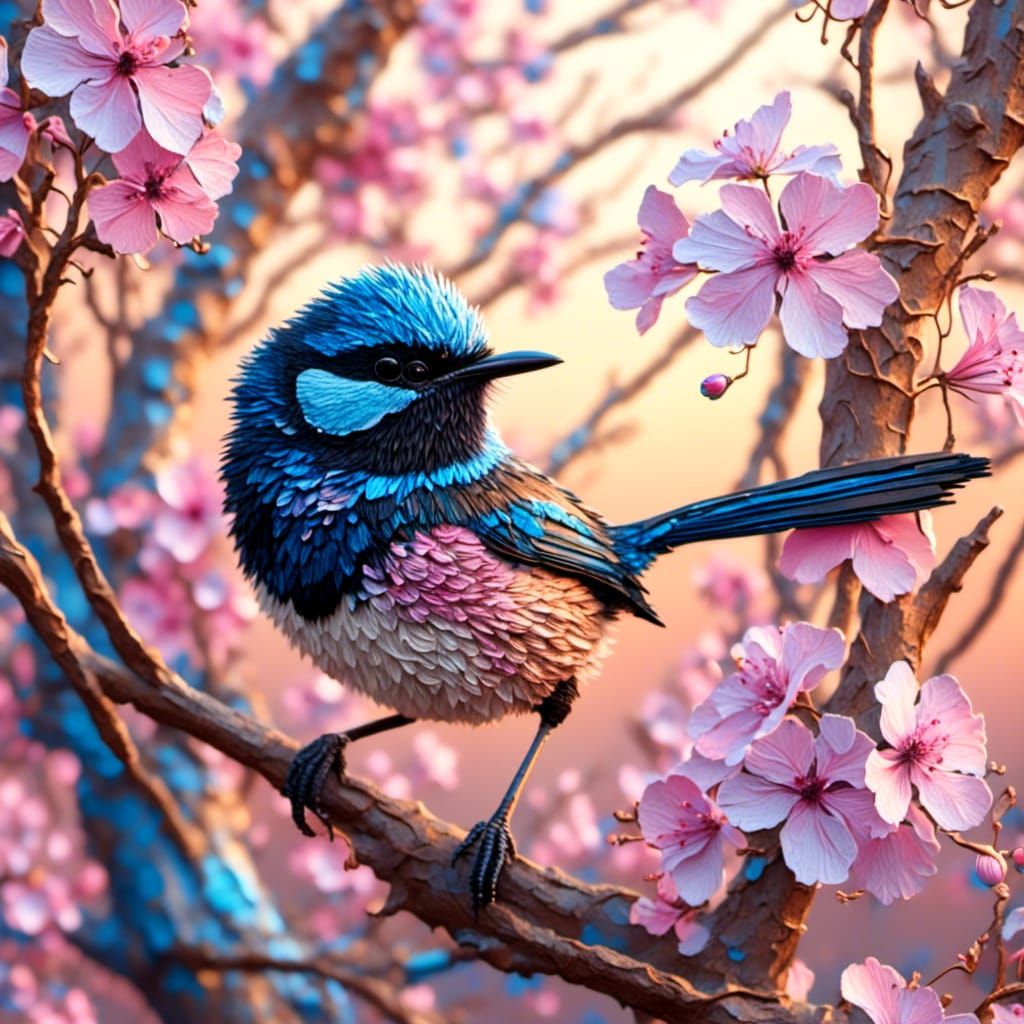 Blue Fairy Wren with Flowers as Impasto Painting