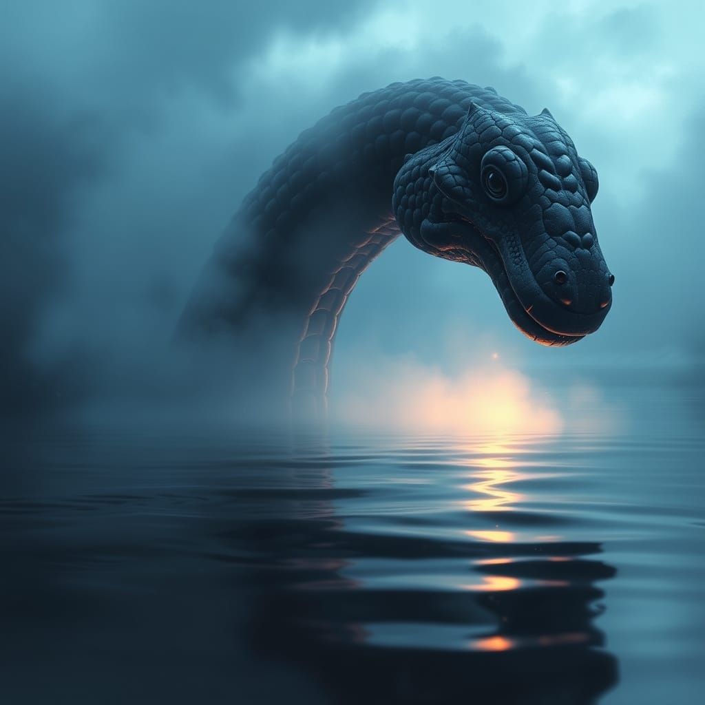Cute Loch Ness Monster in Misty Waters