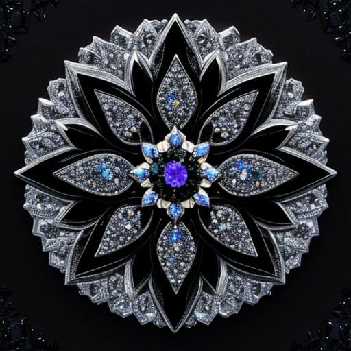 A black lotus made of Swarovski crystals in a pond made of crystals.