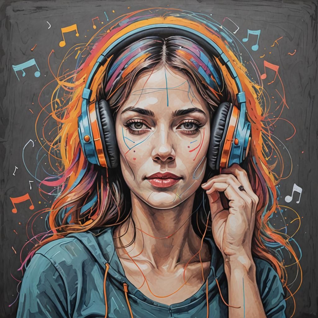 Woman Listening to Music: Chalk Line Art