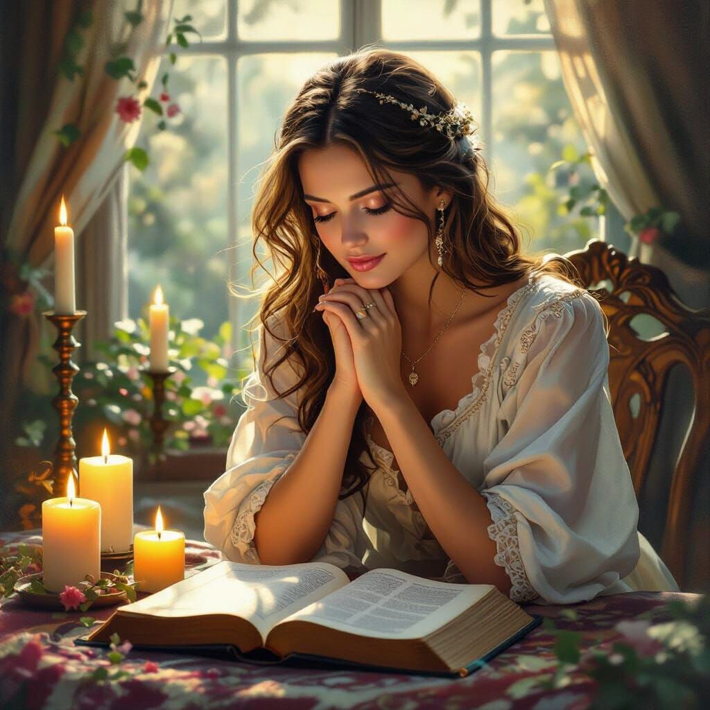 Woman in Prayer with Candles in Ethereal Style