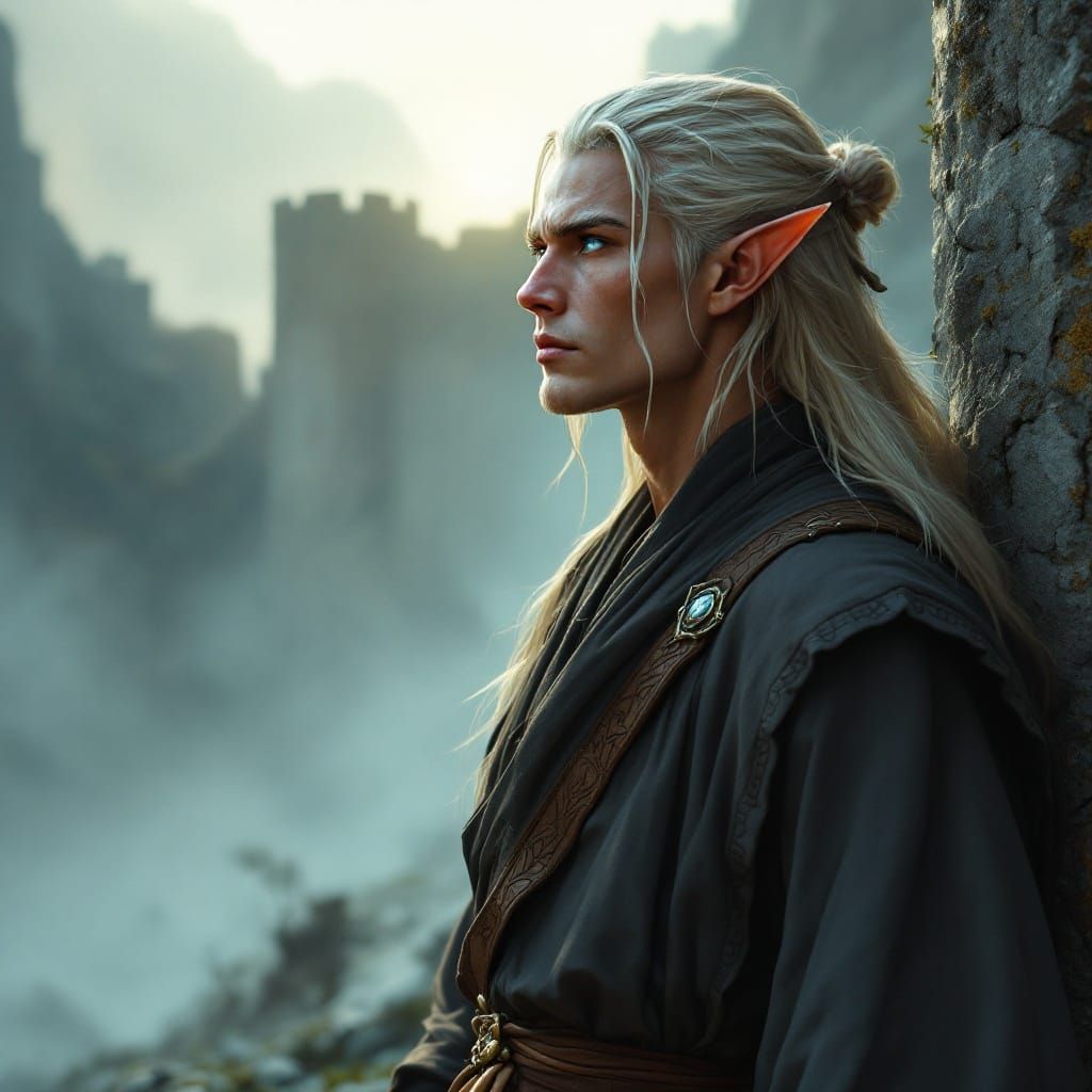 Serene Elf Contemplating Dawn in Semi-Realistic Style