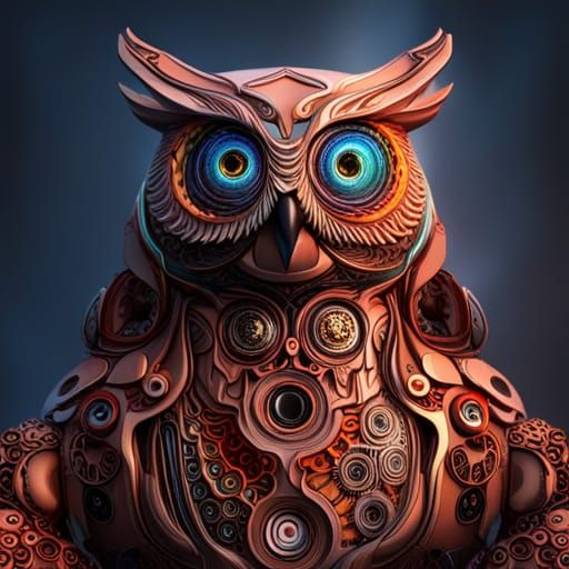 Psychedelic Steampunk Cyborg Owl Bear in 3D