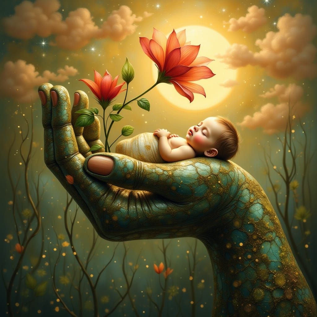 Mystical Granite Hand Cradles Sacred Bloom in Ethereal Light