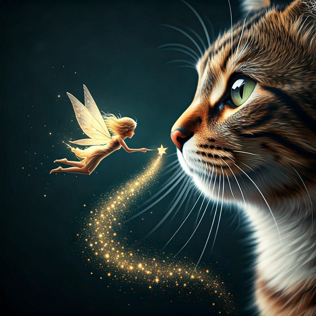Side view, luminescent tiny fairy with 2 wings flying, just barely touching the very tip of a cat's nose with her wand t...
