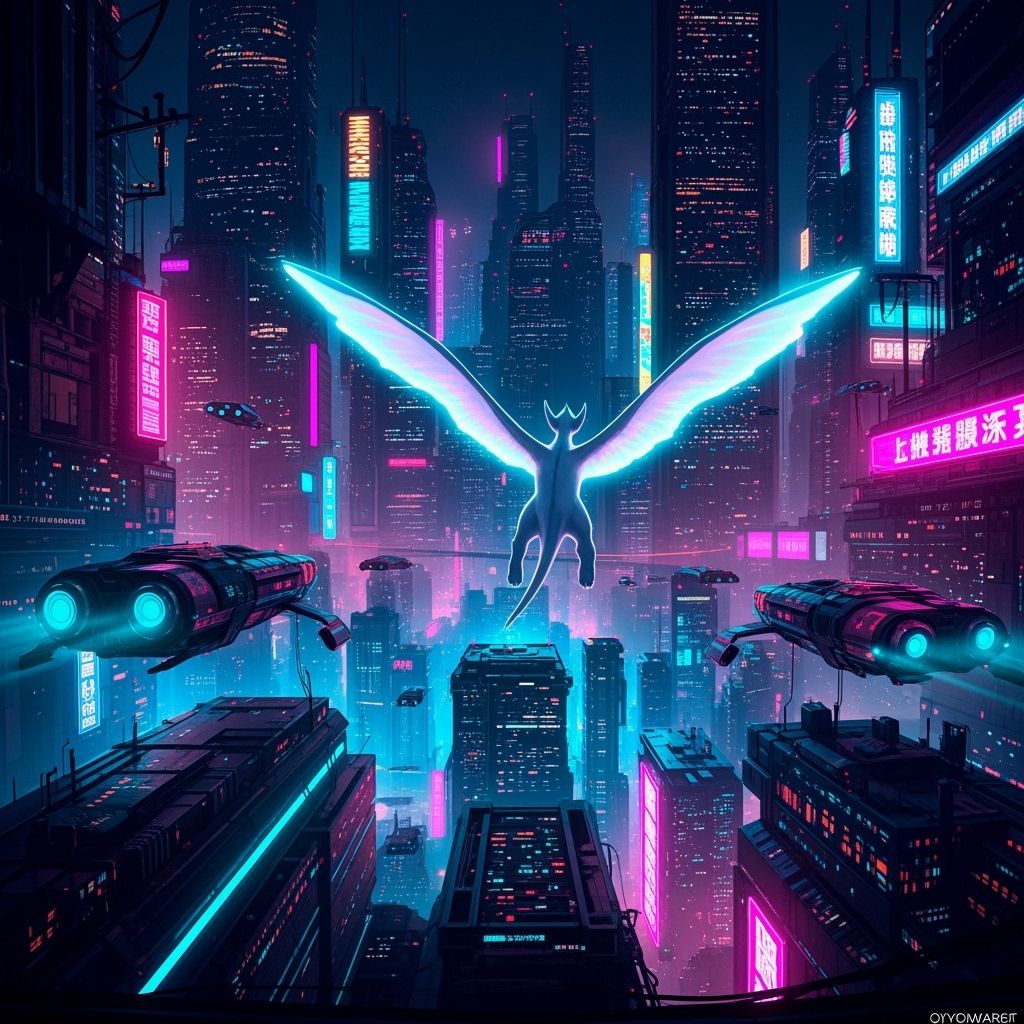 Lugia Taur Soaring Through Cyberpunk Metropolis