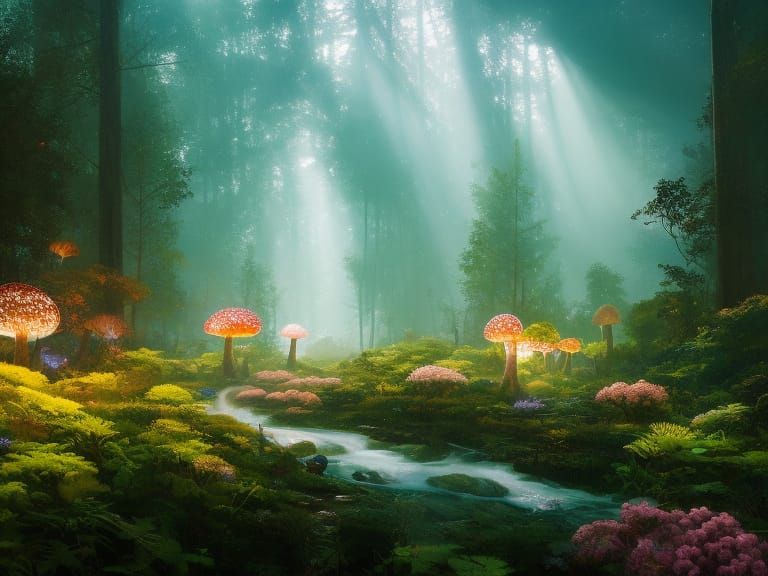 Enchanted Forest with Bioluminescent Flora and Fairies