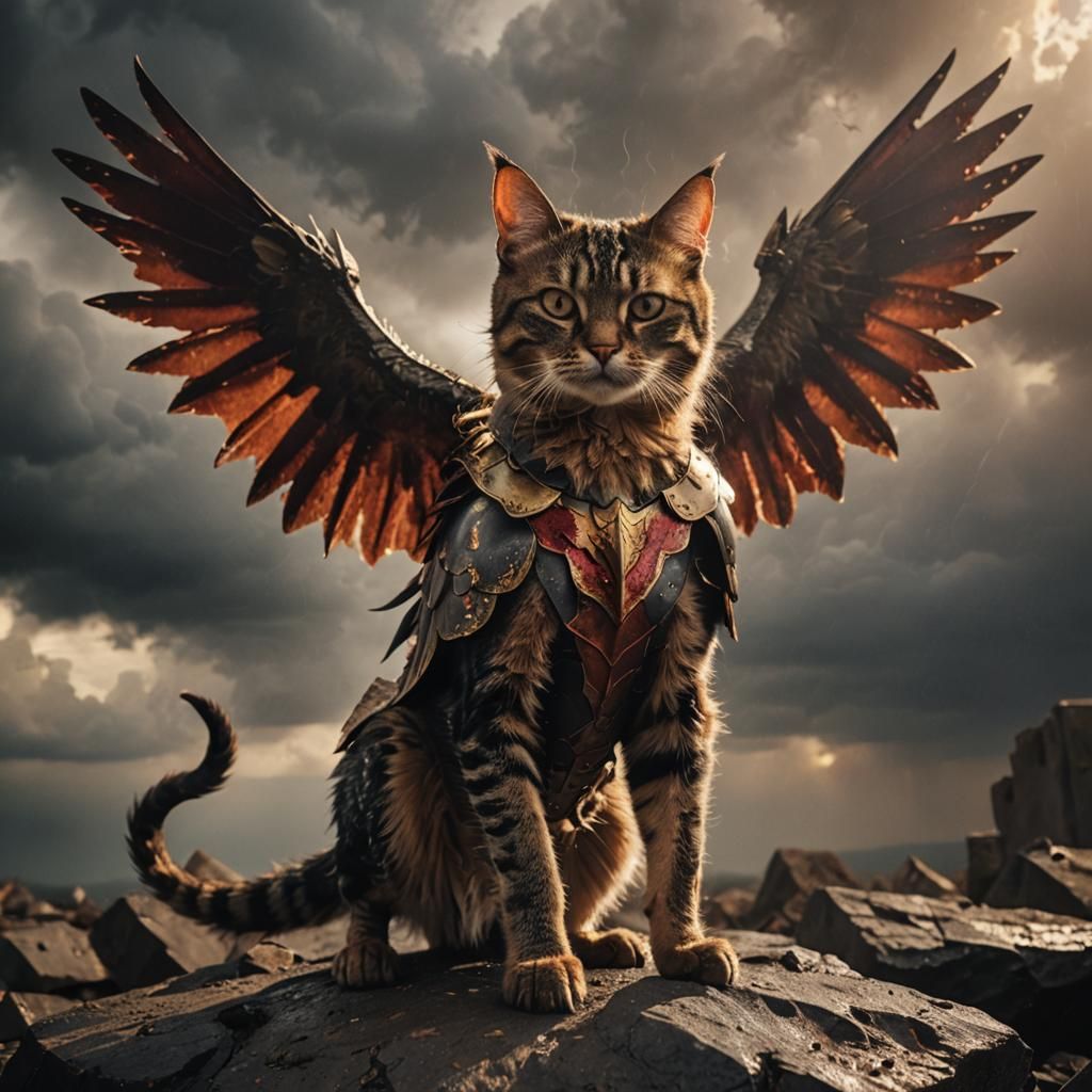 Armored Combat Cat with Devil Wings in Cinematic Style