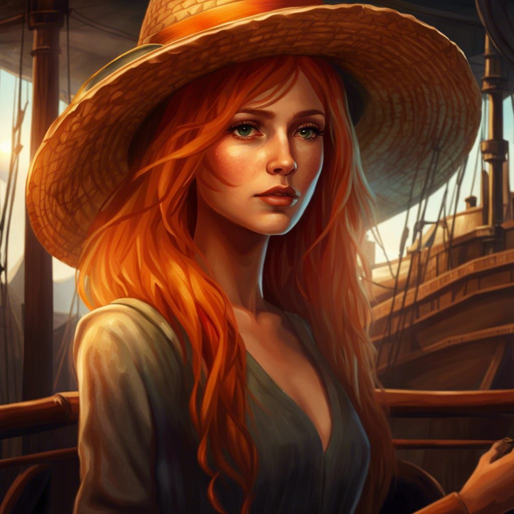 Young Woman with Straw Hat on Ship, Digital Art