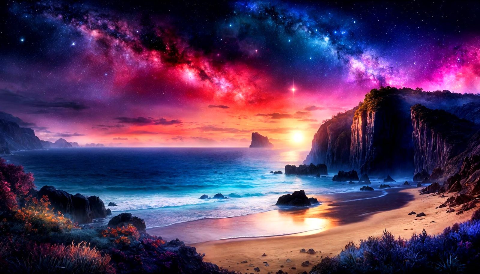 Fantasy Beach Landscape at Night in Watercolor Style