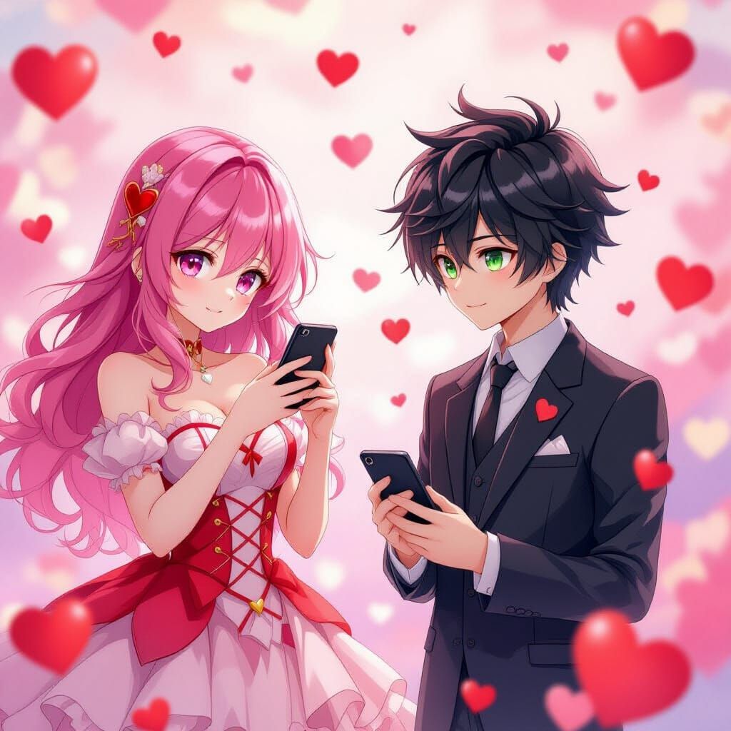 Anime Couple Surrounded by Hearts in 3D Style