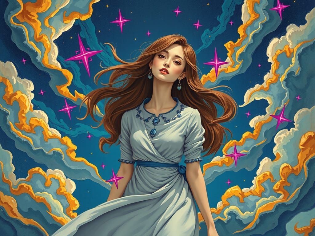 Whimsical Woman Surrounded by Swirling Stars in Hyperrealism