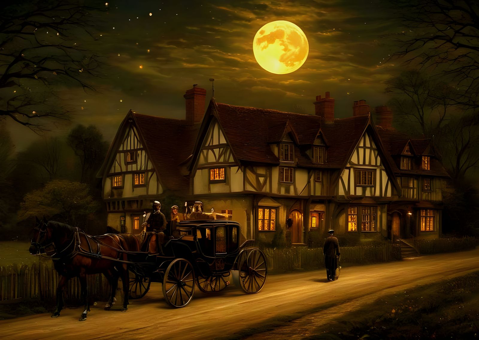 Tudor House on Road in 1883 with Carriages