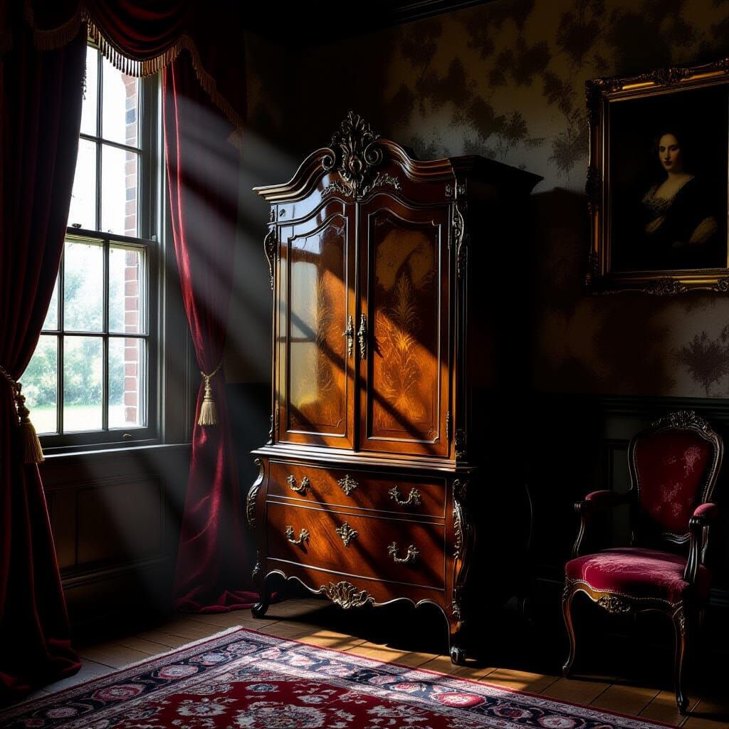 Antique Victorian Cabinet in Dimly Lit Room