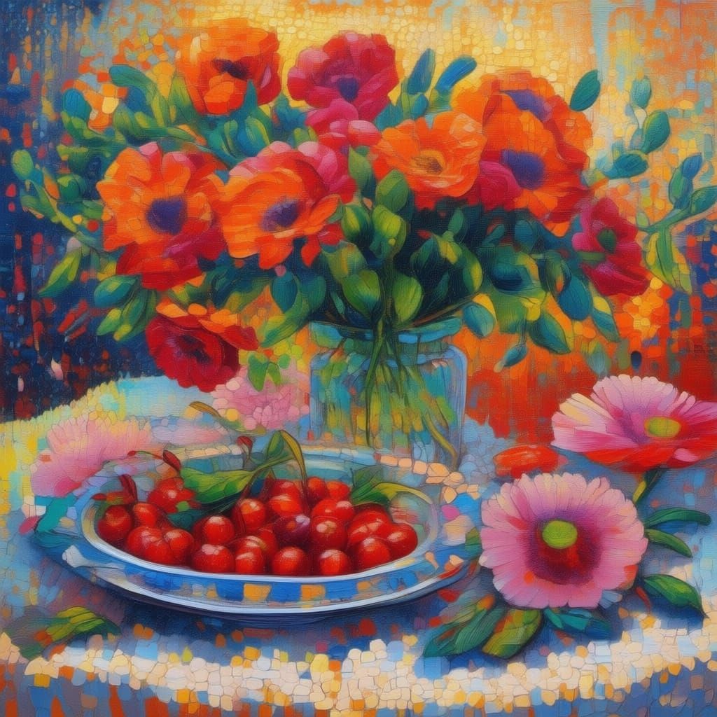 Vibrant Floral Still Life with Cherries as Impasto Oil Paint...