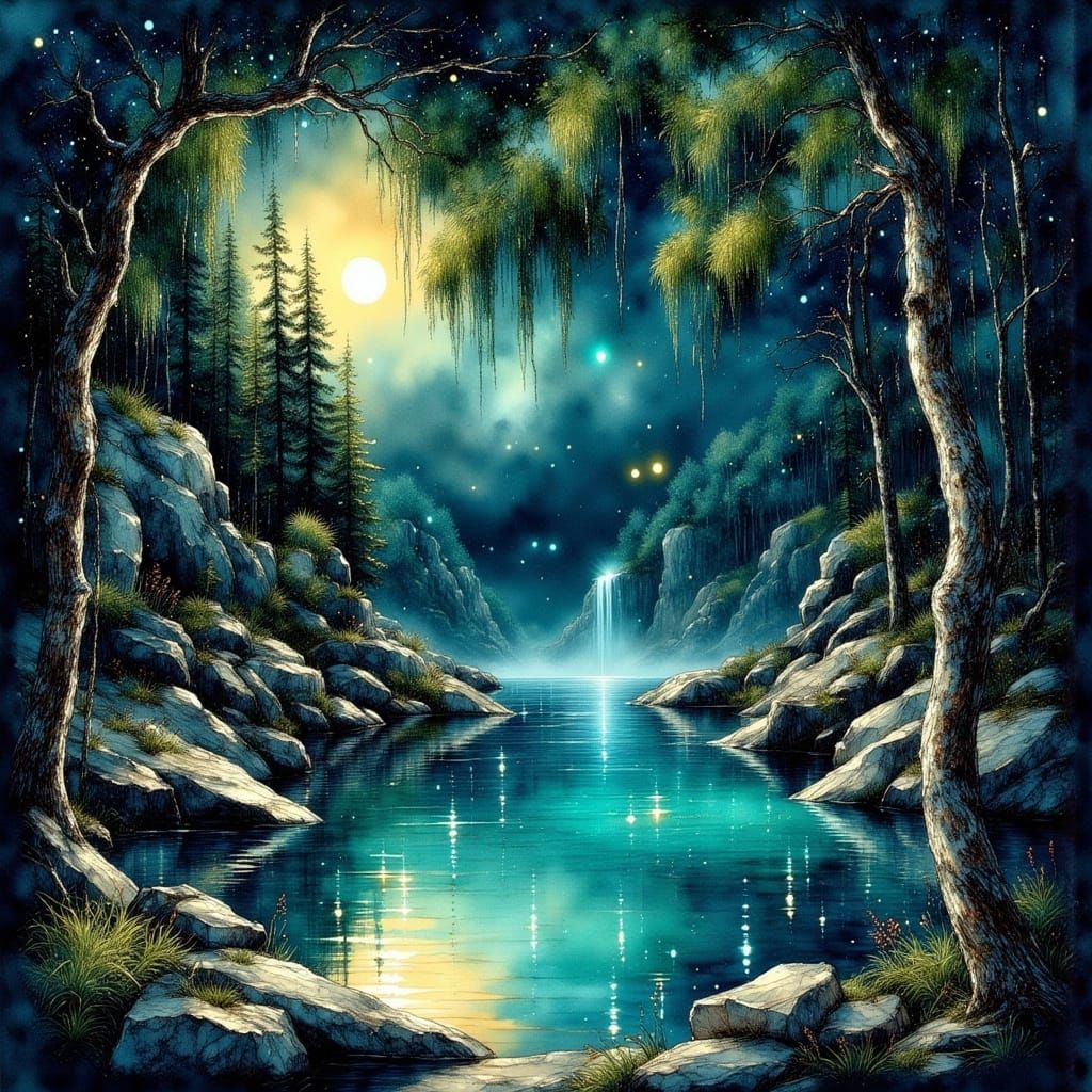 Bioluminescent Hot Springs in Gouache Impressionist Style