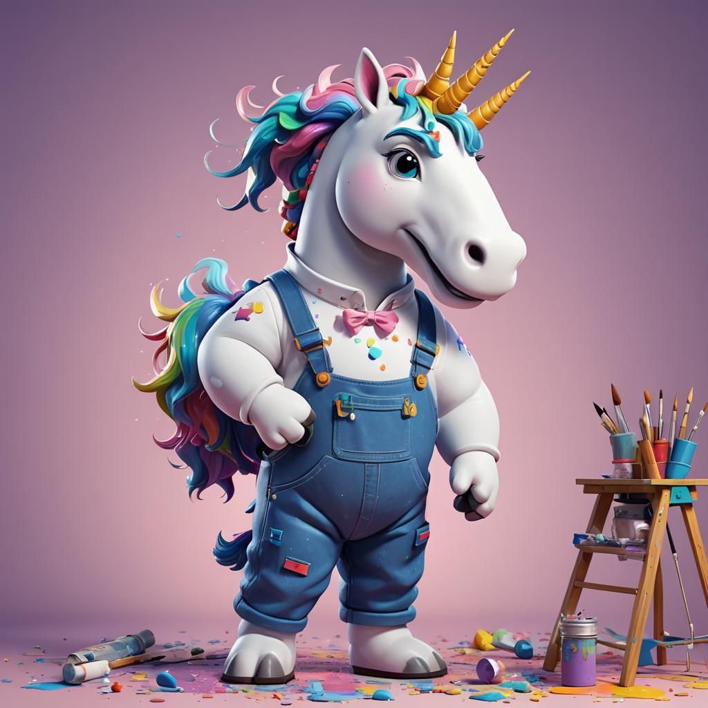 Chunky Unicorn Artist in Overalls: 3D Digital Art