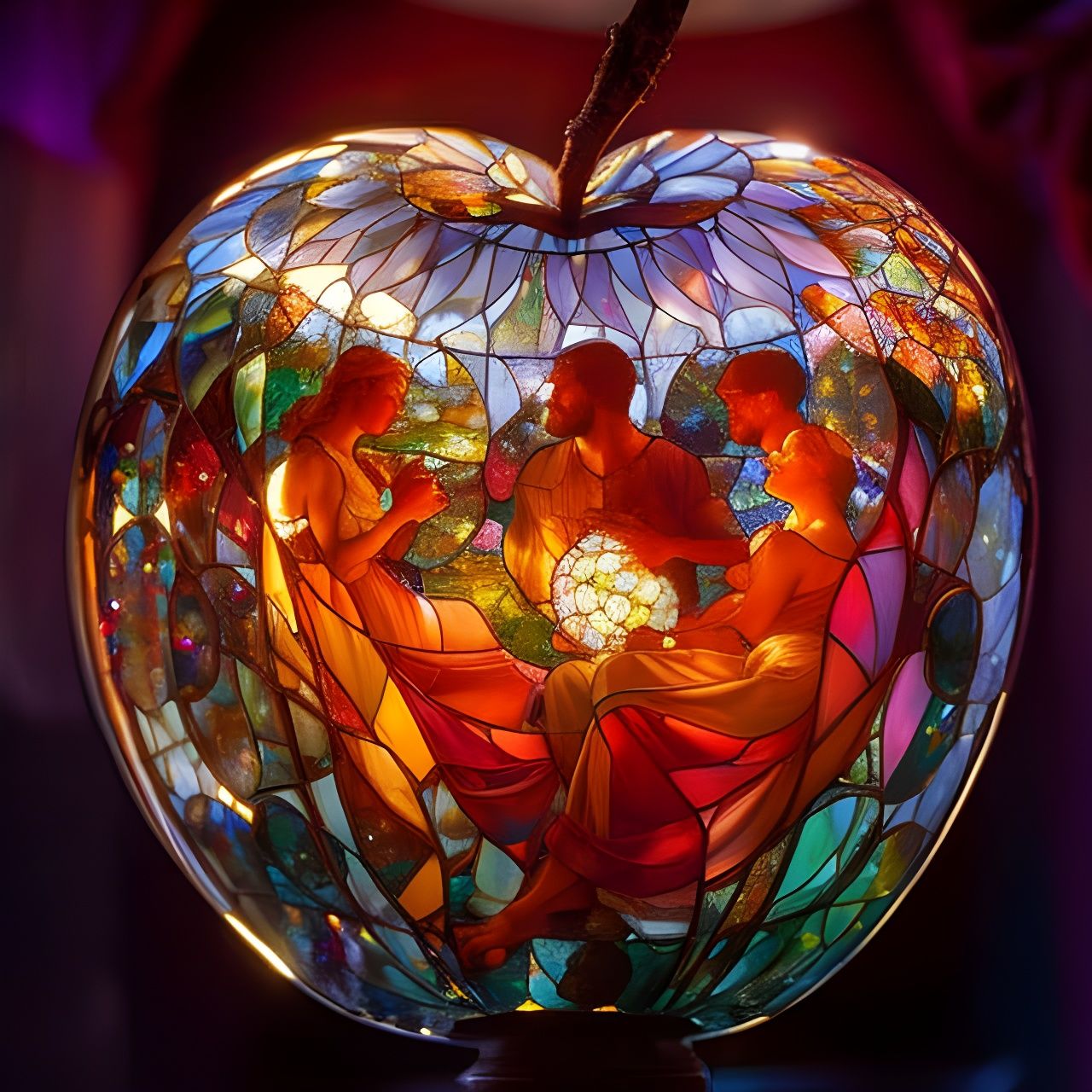 Stained Glass Apple with Lovers in Art Nouveau Style