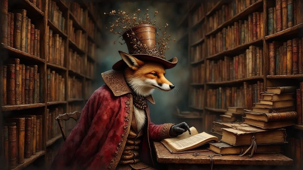 Fox Librarian in Book Hat, Dutch Golden Age Style