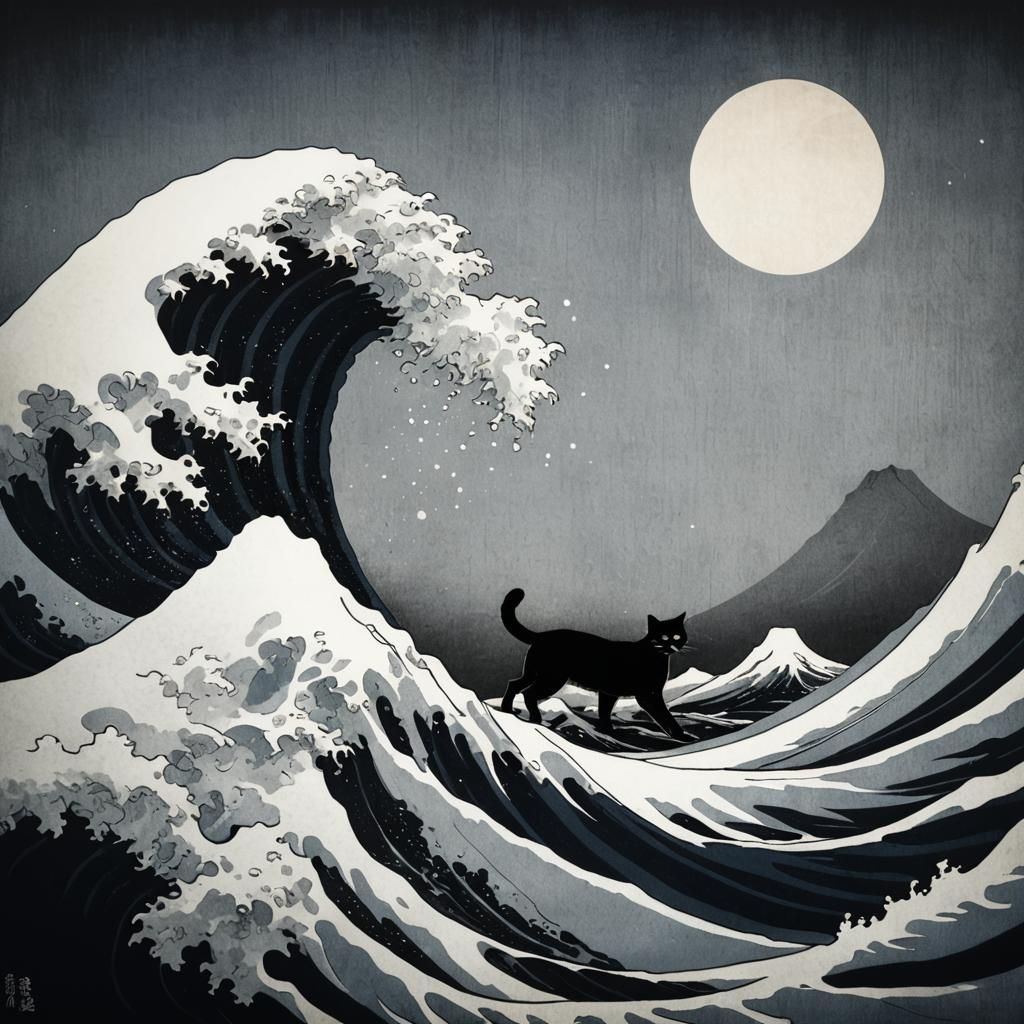 Katsushika Hokusai waves monochromatic Ukiyo-e cats surfing ...