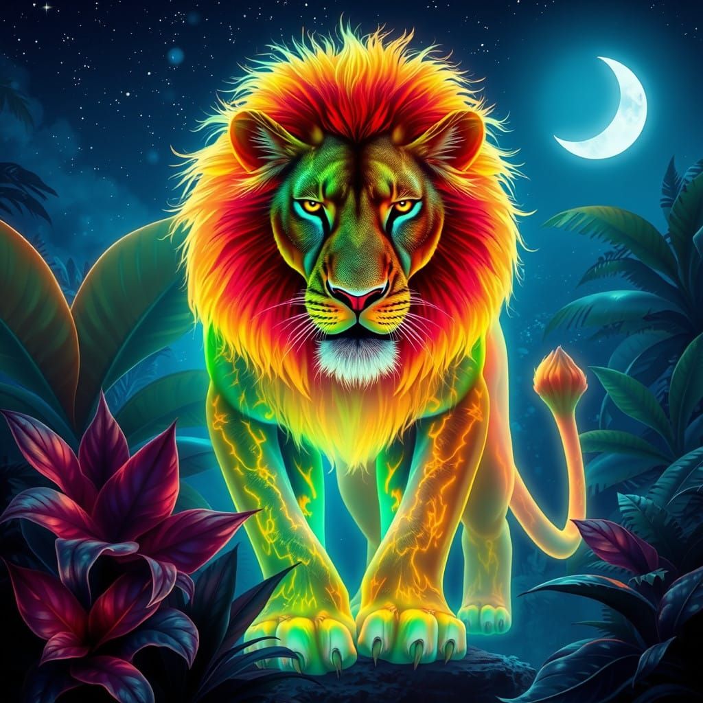 Neon Lion Radiates Power in a Vibrant, Ethereal Jungle Scene
