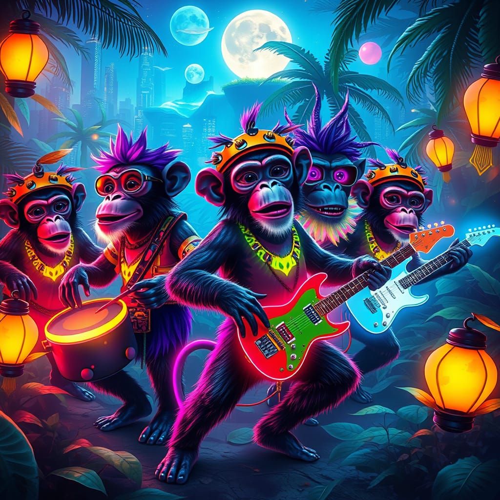 Vibrant Monkey Celebration in a Cyberpunk Jungle