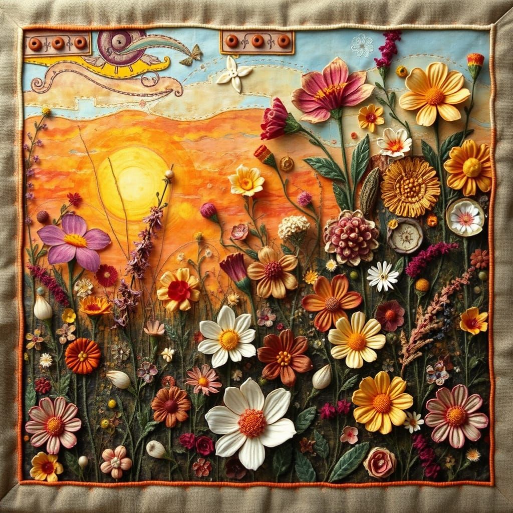Vibrant Steampunk Floral Quilt in Impressionist Style
