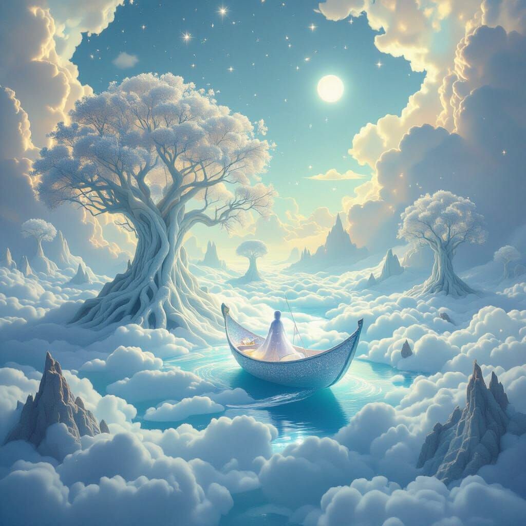 Surreal Crystal Trees on Cloud Sea with Moonlight Boat