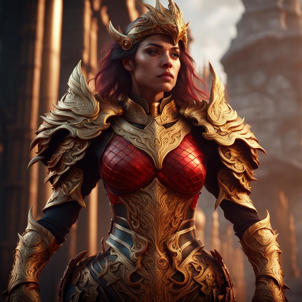 Siren Bodyguard in Detailed Red and Gold Armor