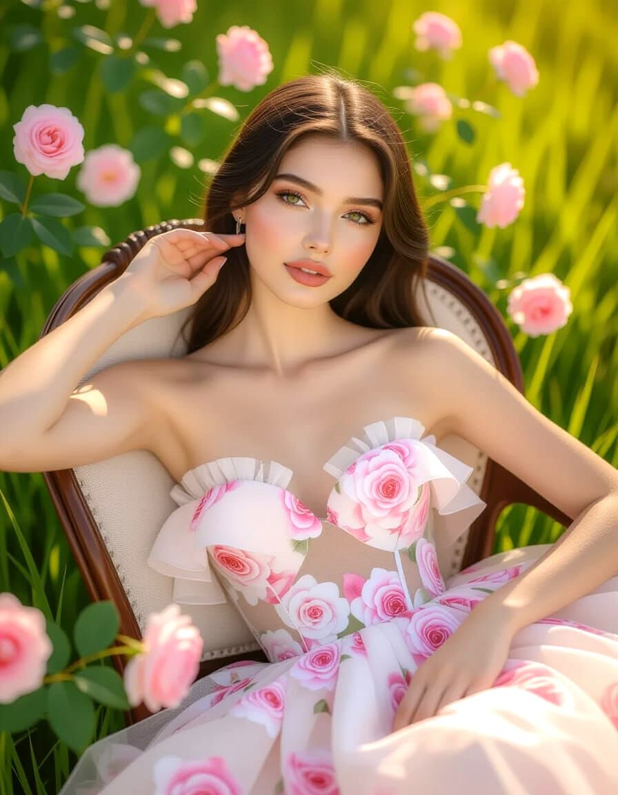 Young Woman Poses Among Roses in Soft, Romantic Light